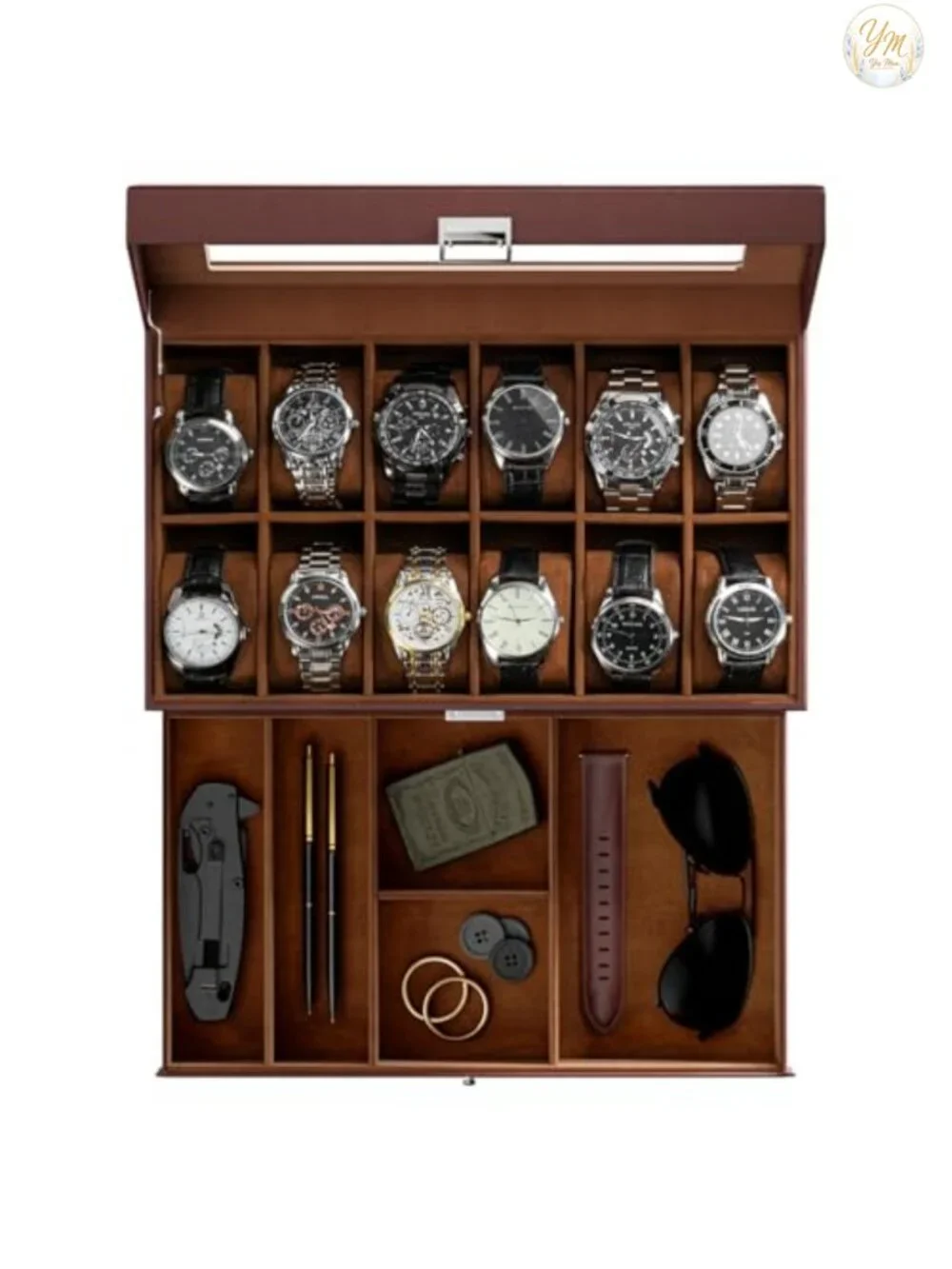 12 Slot PU Leather Watch Box with Drawer, Glass Lid, Jewelry Storage Case
